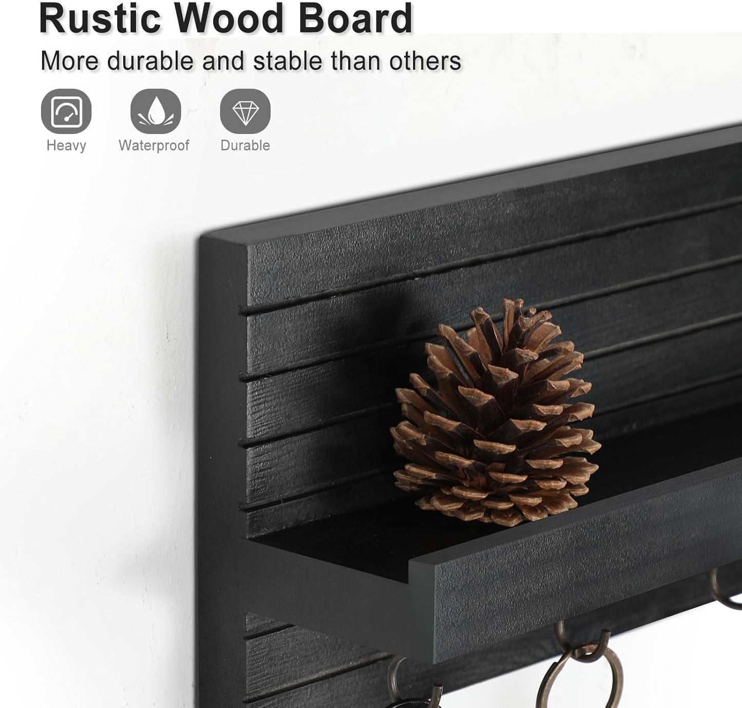 Decorative Key Holder for Wall with Shelf, Entryway Shelf with Hooks Holds Leashes, Jackets and Glasses – Sturdy Wood Keyholder Entrance Hanger with Mounting Hardware (Black)