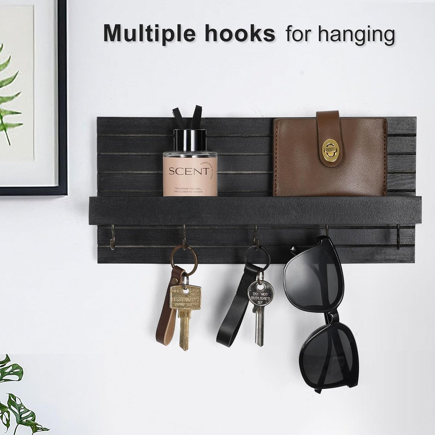 Decorative Key Holder for Wall with Shelf, Entryway Shelf with Hooks Holds Leashes, Jackets and Glasses – Sturdy Wood Keyholder Entrance Hanger with Mounting Hardware (Black)