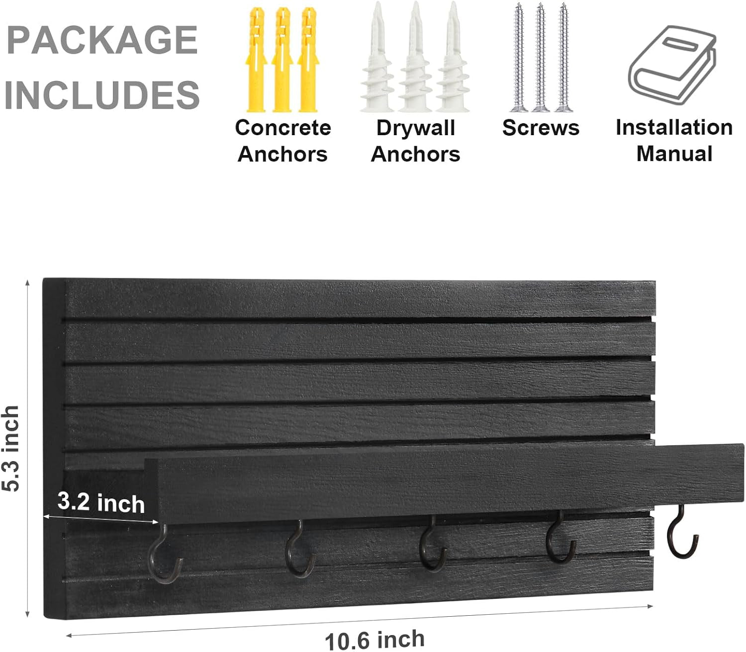 Decorative Key Holder for Wall with Shelf, Entryway Shelf with Hooks Holds Leashes, Jackets and Glasses – Sturdy Wood Keyholder Entrance Hanger with Mounting Hardware (Black)
