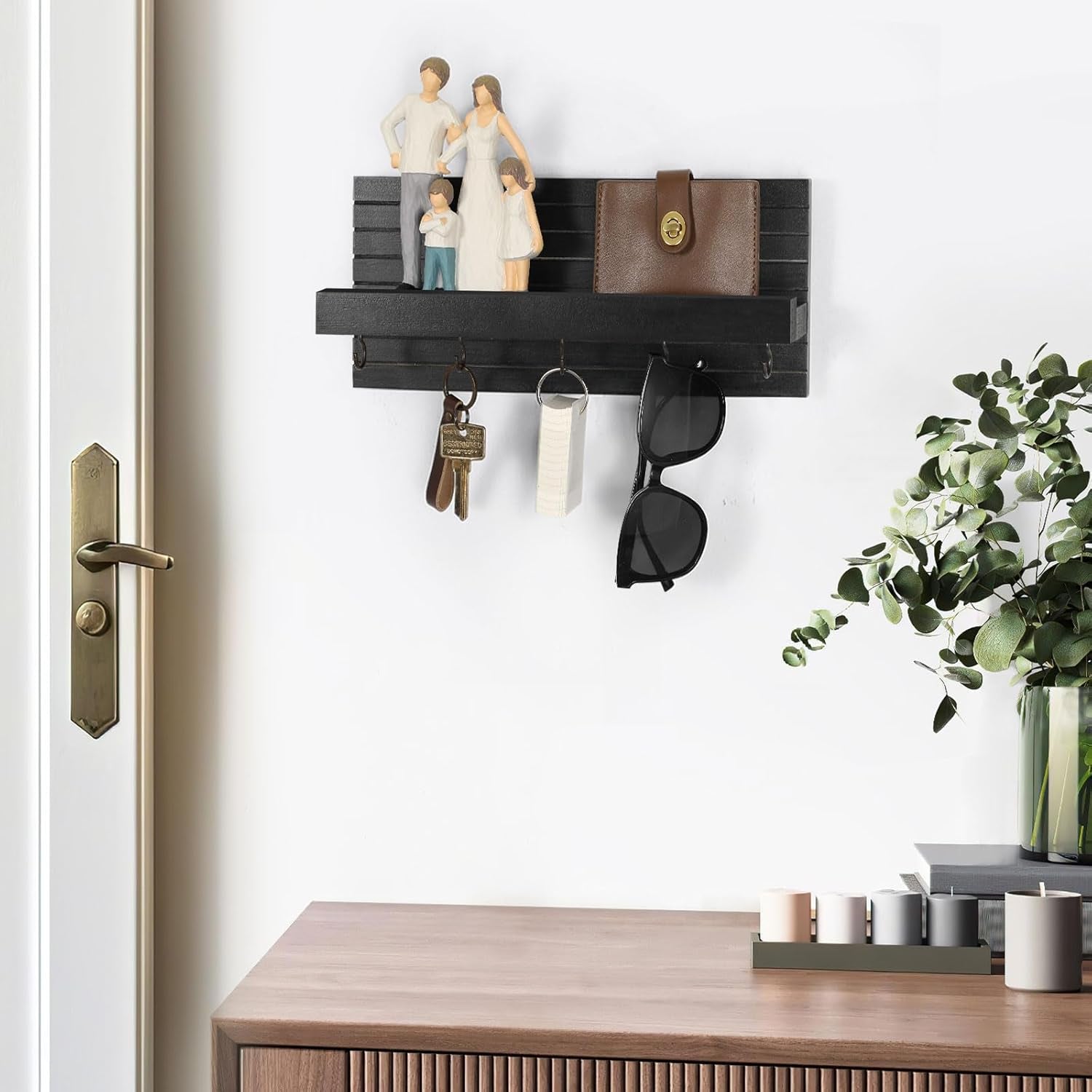 Decorative Key Holder for Wall with Shelf, Entryway Shelf with Hooks Holds Leashes, Jackets and Glasses – Sturdy Wood Keyholder Entrance Hanger with Mounting Hardware (Black)