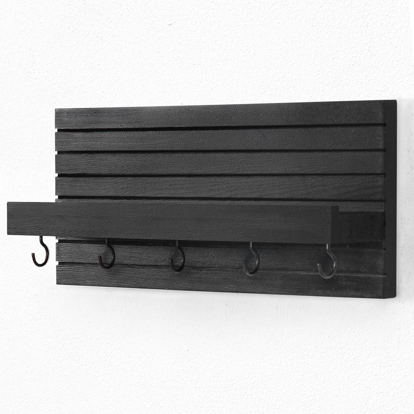 Decorative Key Holder for Wall with Shelf, Entryway Shelf with Hooks Holds Leashes, Jackets and Glasses – Sturdy Wood Keyholder Entrance Hanger with Mounting Hardware (Black)