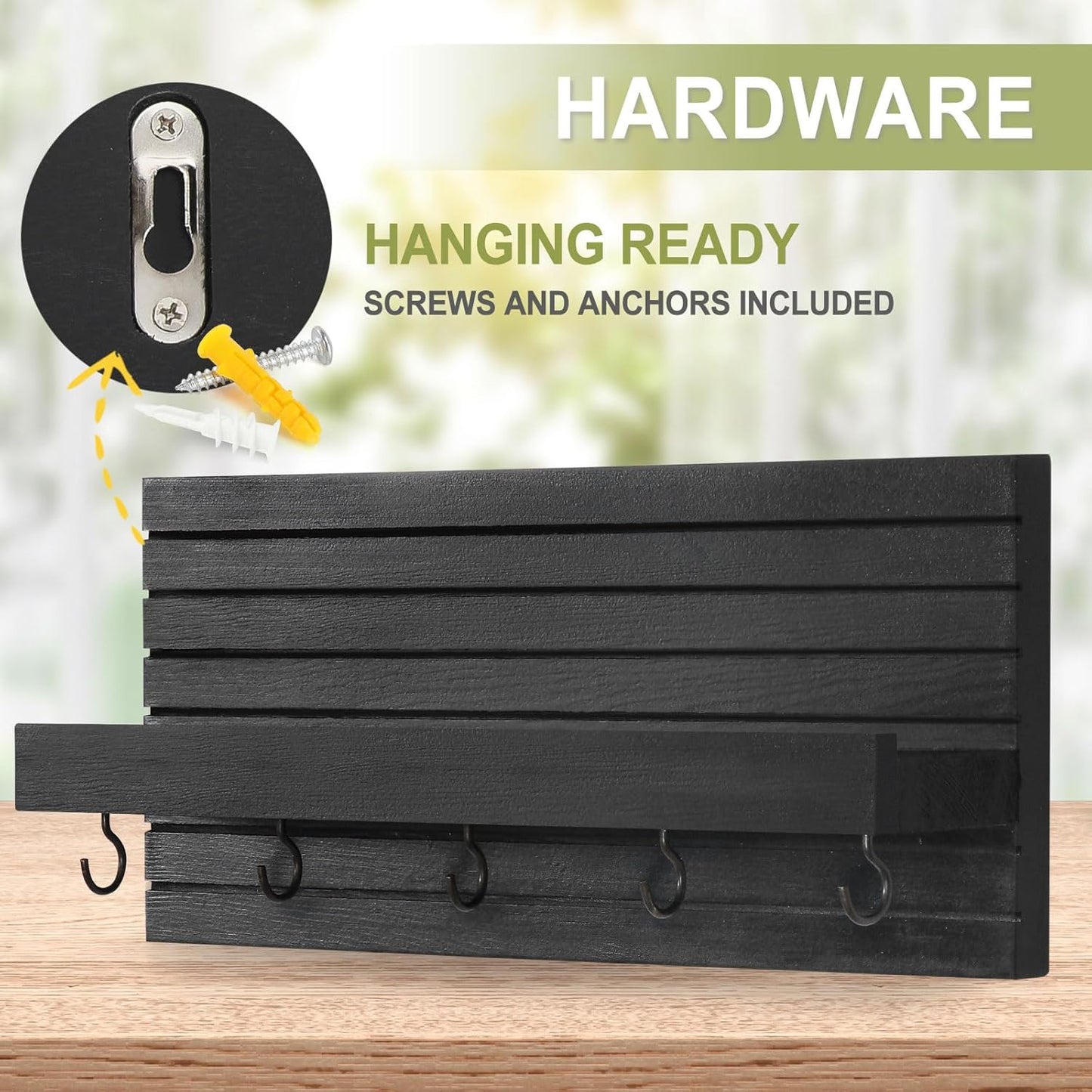 Decorative Key Holder for Wall with Shelf, Entryway Shelf with Hooks Holds Leashes, Jackets and Glasses – Sturdy Wood Keyholder Entrance Hanger with Mounting Hardware (Black)