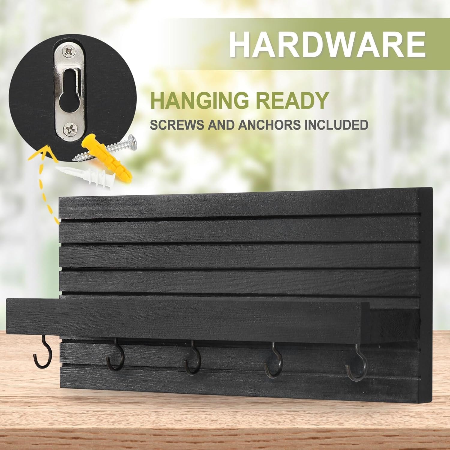 Decorative Key Holder for Wall with Shelf, Entryway Shelf with Hooks Holds Leashes, Jackets and Glasses – Sturdy Wood Keyholder Entrance Hanger with Mounting Hardware (Black)